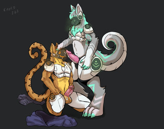 5_fingers animal_genitalia animal_penis anthro armor balls brown_hair clothing duo fellatio fingers fur genitals hair hypnosis licking machine male male/male mind_break mind_control multicolored_body multicolored_fur muscular muscular_anthro muscular_male oral orange_body orange_fur penile penis protogen_visor screen screen_face sex smile spiral tongue tongue_out two_tone_body two_tone_fur undressing visor white_body kento267 felid feline felis hybrid mammal protogen absurd_res hi_res