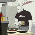 anthro appliance bottomwear clothed clothing cooking cooking_pot detailed_background eye_bags food fridge fully_clothed fur kitchen kitchen_appliance male noodles pants ramen shirt solo stove text topwear white_body white_fur phillip-banks lagomorph leporid mammal rabbit 2017 digital_media_(artwork) english_text