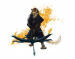 4_ears anthro armor arrow_(weapon) bow_(weapon) charr claws dagos fangs felid female fighting_pose flat_chested fur green_eyes guild_wars hi_res horn leather leather_armor mammal mane multi_ear pose ranged_weapon simple_background solo tan_body tan_fur teeth weapon white_body white_fur