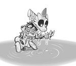 ambiguous_gender biped bone feral looking_at_hands looking_down partially_submerged simple_background skeleton solo tail wet white_background shyguy9 animated_skeleton kobold scalie undead 2021 comic digital_drawing_(artwork) digital_media_(artwork) english_description greyscale monochrome