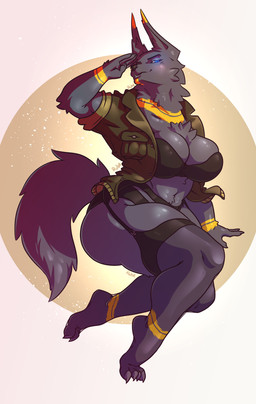 anthro big_breasts black_nose blue_eyes bra breasts cleavage clothed clothing dipstick_ears ear_markings female fur garter_belt garter_straps gesture grey_body grey_fur jacket legwear lingerie markings multicolored_ears panties salute solo stockings thigh_highs topwear underwear wide_hips yellow_markings rube teth'ra_magual canid canine canis jackal mammal digital_media_(artwork) hi_res shaded