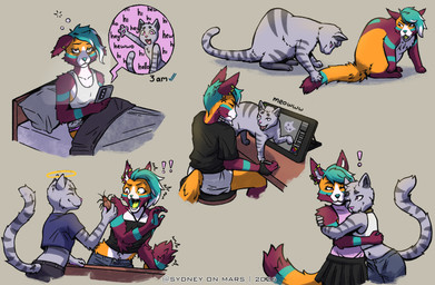 annoyed annoying anthro bed bullying clothed clothing drawing_tablet electronics female feral frustrated fully_clothed furniture hug male phone playing_with_tail scared simple_background symbol text tired_eyes white_background sydney_onmars sydney_(sydney_onmars) arthropod canid canine domestic_cat felid feline felis fox hybrid insect mammal absurd_res english_text hi_res sketch_page nonbinary_(lore)