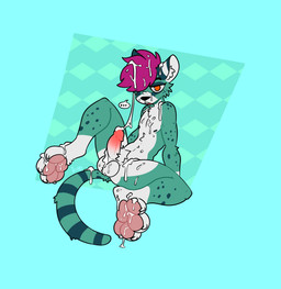 anthro balls blue_background bodily_fluids cum cum_drip cum_on_face cum_on_feet cum_on_own_face cum_on_self dripping erection feet fur genital_fluids genitals green_body green_fur hair half-closed_eyes humanoid_genitalia humanoid_penis looking_pleasured male markings narrowed_eyes open_mouth pawpads paws penis pink_pawpads purple_hair simple_background solo spots spotted_body spotted_fur white_body white_fur xing1 felid leopard mammal pantherine absurd_res hi_res