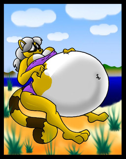 anthro belly big_belly big_breasts black_border border bottomwear breasts clothing female fur hair huge_belly hyper hyper_belly hyper_pregnancy multicolored_body multicolored_fur navel pregnant sitting solo topwear two_tone_body two_tone_fur white_body white_fur white_hair yellow_body yellow_fur virus-20 sunni_smiles mammal procyonid raccoon 2008 digital_media_(artwork)