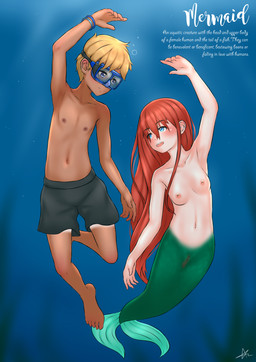 blue_eyes bracelet breasts brown_hair censored_genitalia censored_vulva clothing dark_body dark_skin duo eyewear female genitals goggles hair jewelry loli looking_down male male/female mermaid_tail navel nipples nude nude_female pixelated red_hair shota small_breasts split_form swimming swimming_goggles swimming_trunks swimwear text underwater vulva water young pkpoke aquatic human mammal merfolk absurd_res censored english_text hi_res mosaic_censorship