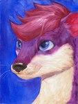 anthro biped blue_eyes countershading male markings purple_body red_markings tan_body whiskers chimeradaydreams blitzstoat_(gyro) mammal mustelid musteline stoat true_musteline weasel hi_res oil_painting_(artwork) portrait