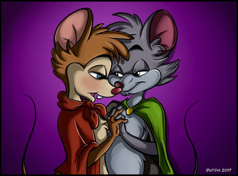anthro blue_eyes blush brown_body brown_fur buckteeth cape clothing duo female fur green_cape green_clothing grey_body grey_fur male multicolored_body multicolored_fur open_mouth red_cape red_clothing tan_body tan_fur teeth two_tone_body two_tone_fur dutch_(artist) don_bluth the_secret_of_nimh jonathan_brisby mrs._brisby mammal mouse murid murine rodent 2017 digital_media_(artwork)
