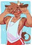 anthro clothing eyewear glasses male muscular muscular_male nipple_slip shirt solo tank_top tongue tongue_out topwear bullstarhaku haku_(bullstarhaku) bovid bovine cattle mammal hi_res