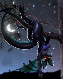 anthro anthrofied breasts butt female glowing glowing_eyes looking_at_viewer neck_tuft night nude outside plant pokemorph pose solo tail tree tuft upside_down wings yellow_eyes potatotime hiddenmask18_(modeler) nintendo pokemon generation_6_pokemon noivern pokemon_(species) 3d_(artwork) 4:5 absurd_res blender_(artwork) digital_media_(artwork) hi_res pinup watermark