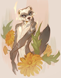 anthro blue_eyes coy crossed_arms dandelion flower head_tilt male plant solo demicoeur cooper_mordaut domestic_ferret mammal mustelid musteline true_musteline weasel absurd_res half-length_portrait hi_res portrait