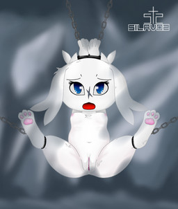 anus blue_eyes bound breasts cave chain chained clitoris feet female feral fur genitals navel nippel nipples nude open_mouth solo spread_legs spreading vulva white_body white_fur young young_female young_feral silavos cave_story sue_sakamoto lagomorph mammal mimiga archived_source hi_res watermark