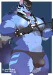 abs anthro bdsm blue_body blue_fur bulge clothing detailed_bulge fur gloves handwear harness hat headgear headwear leather leather_daddy leather_harness male muscular muscular_anthro muscular_male nipples pecs riding_crop solo thong underwear whip takezamurai lifewonders tokyo_afterschool_summoners tindalos_(tas) canid canine canis mammal wolf absurd_res hi_res