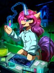 clothing coat cutie_mark disguise eyewear female feral glasses horn inside lab_coat laboratory laboratory_equipment laboratory_glassware liquid mad_scientist open_mouth safety_glasses scientific_instrument sitting solo telekinesis test_tube topwear vial pridark friendship_is_magic hasbro my_little_pony mythology fan_character arthropod changeling equid equine mammal mythological_creature mythological_equine unicorn 2022 absurd_res hi_res