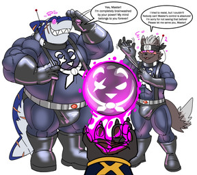 5_fingers accessory anthro brainwashing brown_body brown_fur bulge clothed clothing dialogue duo_focus fingers fur glistening gloves group handwear headband headgear headwear henchman hypnosis latex latex_clothing latex_gloves latex_handwear male mind_control muscular muscular_male pink_eyes scar sharp_teeth simple_background slave smile speech_bubble teeth text underwear white_background anothermeekone lifewonders tokyo_afterschool_summoners tadatomo_(tas) typhon_(tas) canid canine canis domestic_dog mammal 2022 digital_drawing_(artwork) digital_media_(artwork) english_text hi_res