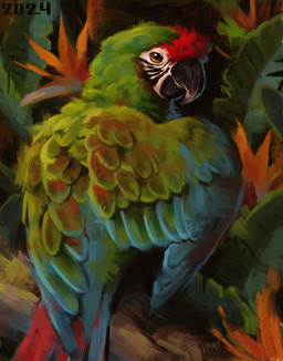 beak black_beak blue_body blue_feathers feathers feral green_body green_feathers markings multicolored_body multicolored_feathers palm_leaves plant red_body red_feathers red_markings solo teal_body teal_feathers white_face yellow_eyes alexpahomov ara_(genus) avian bird macaw military_macaw neotropical_parrot parrot true_parrot 2024 digital_media_(artwork) digital_painting_(artwork) painting_(artwork)