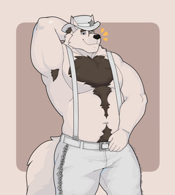 5_fingers anthro armpit_hair belt black_eyes black_nose body_hair bottomwear brown_eyebrows brown_hair cheek_tuft chest_hair clothed clothing eyebrows facial_tuft fingers fur hair hand_behind_head happy_trail hat headgear headwear looking_at_viewer male male_anthro musclegut muscular pants pecs pose short_hair simple_background smile snout solo tail thick_eyebrows topless topless_anthro topless_male tuft white_belt white_body white_bottomwear white_clothing white_fur white_hat white_headwear white_pants andeandog canid canine canis mammal wolf 2026 absurd_res cel_shading colored digital_drawing_(artwork) digital_media_(artwork) hi_res shaded
