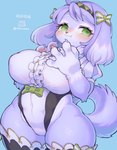 accessory anthro big_breasts blush breasts clothed clothing female female_anthro headband huge_breasts kemono legwear leotard looking_at_viewer ribbons solo text thick_thighs thigh_highs wide_hips rikose canid canine canis domestic_dog mammal translated