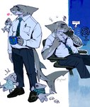 anthro black_bottomwear black_clothing black_pants bodily_fluids bottomwear chair clothing container cup electric_fan electronics family female furniture group holding_container holding_cup holding_mug holding_object holding_phone male mature_anthro mature_male mug office_chair office_clothing on_chair pants phone sitting sitting_on_chair sweat tail young p0nyplanet fish marine shark digital_drawing_(artwork) digital_media_(artwork) hi_res watermark father_(lore) parent_(lore)