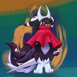 anthro big_ears black_body black_fur bottomwear cloak clothing cosplay costume female fluffy fluffy_tail fur horn ki_(holeecarolee) pawpads pink_pawpads red_cloak red_clothing red_eyes skirt solo tail thick_thighs tiaero white_body white_fur holeecarolee hollow_knight_(franchise) team_cherry hornet_(hollow_knight) hi_res