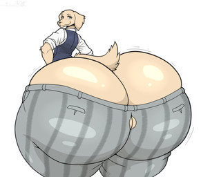 anthro big_butt bottom_heavy bottomwear bubble_butt butt clothing grey_eyes huge_butt huge_hips huge_thighs hyper hyper_butt looking_at_viewer looking_back male pants shirt smile solo tan_body thick_thighs tight_bottomwear tight_clothing tight_pants topwear wide_hips stemingbunbun beastars jack_(beastars) bird_dog canid canine canis domestic_dog golden_retriever hunting_dog mammal retriever 2026 absurd_res hi_res