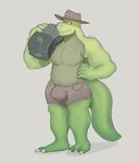 anthro barazoku biceps bulge clothing farmer green_body green_scales hat headgear headwear looking_at_viewer male muscular muscular_male nipples nude redneck scales simple_background slightly_chubby solo standing dergum crocodilian dinosaur lizard prehistoric_species reptile scalie hi_res