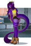 absurd_res anthro boots bottomwear canid canine canis chaiteakitten clothing ear_piercing felid female footwear fur hi_res high-visibility_vest high_heeled_boots high_heels horn hotpants industrial_piercing iris_grim jewelry lime_eyes lycafel mammal nipple_tape pasties piercing prehistoric_species purple_body purple_fur saber-toothed_tiger shoes shorts solo tail tape trailer_(vehicle) truck wolf