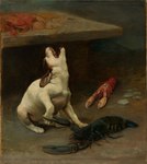 black_body brown_body brown_fur claws detailed_background feral fur group humor open_mouth paws pinch white_body white_fur william_strutt arthropod canid canine canis crustacean decapoda domestic_dog lobster malacostracan mammal marine 1889 19th_century absurd_res ancient_art hi_res oil_painting_(artwork) painting_(artwork) signature traditional_media_(artwork)