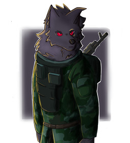 anthro black_body black_fur clothed clothing fur male male/male red_eyes simple_background solo melioo i_think_i_like_you leon_(i_think_i_like_you) canid canine canis mammal wolf