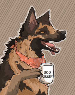 accessory container cup fangs feral fur hair hair_accessory hair_tie holding_container holding_cup holding_mug holding_object kerchief long_hair looking_aside male mug multicolored_body multicolored_fur neckerchief neckwear open_mouth side_view simple_background smile solo teeth text tongue tongue_out tuft hotdogmeat fallout microsoft dogmeat canid canine canis domestic_dog german_shepherd herding_dog mammal pastoral_dog 2025 absurd_res digital_media_(artwork) hi_res portrait