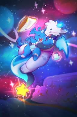 anthro bedding bedding_background bedroom book cute_fangs dragon_wings dream duo fangs galaxy glowing horn magic magic_book magic_user male male/male nude nude_anthro nude_male teeth kai_oshima mythology dragon mythological_creature mythological_scalie scalie hi_res