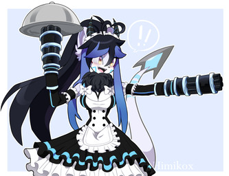 aiming_gun aiming_weapon anthro armwear black_hair blue_hair blue_markings clothed clothed_anthro clothed_female clothing exclamation_point female fully_clothed fully_clothed_anthro fully_clothed_female gatling_gun gun gun_arm hair long_hair machine_gun maid_uniform markings minigun multicolored_hair neck_tuft open_mouth ranged_weapon round_ears solo spade_tail speech_bubble tail tongue tuft two_tone_hair uniform weapon weapon_arm white_body txmie maid_velatis velatis_ferio_caedo unknown_species half-length_portrait hi_res portrait