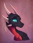 black_body black_scales blue_eyes female feral horn looking_away multicolored_body red_body scales simple_background smile solo two_tone_body white_horn plaguedogs123 activision mythology spyro_the_dragon the_legend_of_spyro cynder dragon mythological_creature mythological_scalie scalie 2024 bust_portrait hi_res portrait