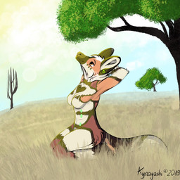 anthro breasts cloud ear_piercing female fur grass nature nipples outside piercing plant plantigrade presenting savanna sky smile solo sun tree kynayashi african_wild_dog canid canine mammal 1:1 2019 digital_media_(artwork) hi_res