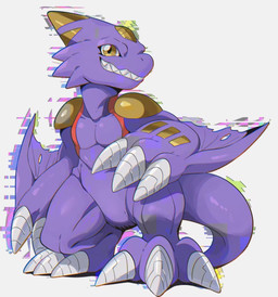 anthro claws grin male purple_body sharp_teeth smile solo teeth wings yellow_eyes zheshigeyhm bandai_namco digimon digimon_(species) monodramon scalie hi_res