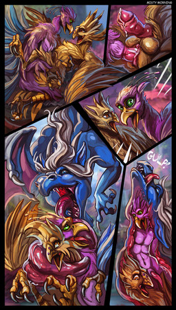 anthro avian_feet balls beak biped blue_body duo esophagus feathered_crest feathered_wings feathers female female_pred genitals green_eyes gynomorph gynomorph_prey head_crest internal intersex intersex_prey larger_pred male male_prey multiple_prey neck_bulge open_beak open_mouth oral_vore penetration penis pink_body size_difference tail tail_feathers tongue_coiling vaginal vaginal_penetration vore vulva winged_arms wings misty_morning european_mythology final_fantasy mythology square_enix chazori gyro_feather sylvia_searwing avian bird chocobo dragon galliform mythological_creature mythological_scalie peafowl phasianid scaled_dragon scalie western_dragon absurd_res comic hi_res huge_filesize