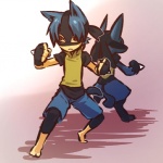 1:1 alternate_species anthro black_body black_fur blue_body blue_fur canid canine cosplay duo fur generation_4_pokemon hitec human humanized lucario male mammal nintendo pokemon pokemon_(species) pokemon_trainer red_eyes tail yellow_body yellow_fur