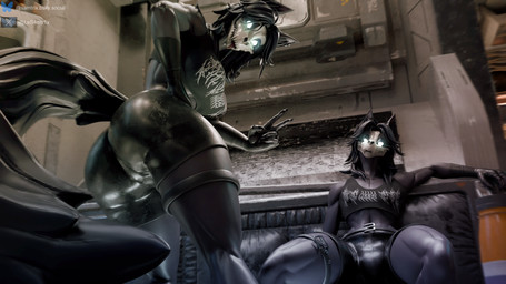 anthro athletic athletic_anthro athletic_female athletic_male big_breasts big_butt black_body black_fur black_hair breasts bulge butt clothing crop_top duo fangs female fur gesture glowing glowing_eyes hair hand_gesture happy looking_at_viewer looking_back low-angle_view male narrow_hips shirt tail teeth thick_thighs tongue tongue_out topwear v_sign white_eyes samtrix da.nilkaz_(modeler) scp_foundation scp-1471-a scp-1471-a_(da.nilkaz) canid canine malo mammal 16:9 3d_(artwork) 4k absurd_res digital_media_(artwork) hi_res widescreen