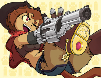 action_pose aiming aiming_gun alternate_costume anthro armwear boots bottomwear breasts brown_body brown_hair cape chaps clothed clothing cowboy cowboy_hat crop_top female footwear gloves gun gun_arm hair handgun handwear hat headgear headwear medium_breasts midair official_alternate_costume one_eye_closed open_mouth open_smile pants pattern_background pose ranged_weapon red_eyes revolver shirt shoes short_hair simple_background smile solo spurs tail tan_sclera topwear weapon weapon_arm whiskers yellow_background high5art gameoverse glitch_productions kit_bodega domestic_cat felid feline felis mammal 2026 absurd_res digital_media_(artwork) hi_res portrait