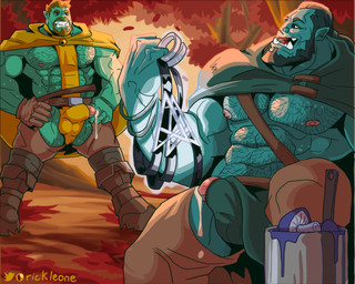 balls barazoku beard bodily_fluids duo facial_hair fantasy genitals green_body green_skin hair harness male muscular muscular_humanoid muscular_male nipples pecs penis penis_poking_out sweat tusks rickleone orctober humanoid orc