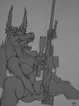 anthro breasts clothing ear_piercing eyewear fangs female gloves goggles gun handwear happy no_pupils open_mouth piercing ranged_weapon rifle sharp_teeth solo spread_legs spreading swimwear tail teeth weapon krinkels barrett cyera canid canine canis mammal wolf 3:4 hi_res line_art monochrome