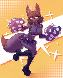 anthro armwear bangs bedroom_eyes big_breasts black_hair black_nose boots bottomwear breasts butt cheerleader cheerleader_outfit chest_tuft cleavage clothed clothing collar detached_sleeves eyebrows eyelashes fangs female footwear fur hair high_heeled_boots high_heels inner_ear_fluff knee_boots knee_highs leather leather_boots leather_clothing leather_footwear legwear long_ears microskirt miniskirt narrowed_eyes navel nipple_outline overflowing_breasts panties pleated_skirt pom_poms pose purple_body purple_clothing purple_eyes purple_fur raised_eyebrow seductive shoes short_hair simple_background skirt smile solo sparkles standing straps tail teeth thick_tail tuft underwear white_background yellow_background waffl3sk4t emiko_(waffl3sk4t) canid mammal absurd_res hi_res signature
