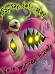 anthro claws duo glowing glowing_eyes looking_at_viewer male plushie shadow_face sharp_teeth stitch_(sewing) teddy_bear teeth text reiko_lupus bandai_namco digimon digimon_ghost_game digimon_(species) extyrannomon monster warumonzaemon 3:4 absurd_res digital_drawing_(artwork) digital_media_(artwork) english_text hi_res