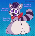 anthro backsack balls big_butt butt conductor_hat genitals huge_butt looking_at_viewer looking_back looking_back_at_viewer male markings open_mouth purple_eyes sitting smile solo striped_markings striped_tail stripes tail tail_markings teapot_(body_type) thick_thighs toony wide_hips tunemon indigo_park rambley_raccoon mammal procyonid raccoon absurd_res hi_res