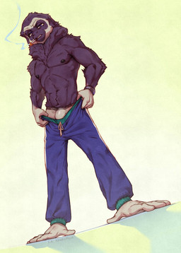 anthro areola barefoot bottomwear briefs bulge cigarette cigarette_in_mouth clothed clothing eyebrow_piercing facial_piercing feet fingers fur looking_at_viewer male nipple_piercing nipples object_in_mouth pants pecs piercing prehensile_feet simple_background smoke smoking solo standing teeth text toes topless topless_anthro topless_male underwear white_briefs white_clothing white_underwear hauringu haplorhine mammal monkey primate 2025 digital_media_(artwork) english_text hi_res