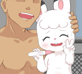 anthro bangs blush bodily_fluids buckteeth clothed clothing detailed_background duo eyes_closed female female_on_human flat_chested fur gesture hand_gesture hand_on_head human_on_anthro interspecies larger_human larger_male loli male male_on_anthro nipples pregnancy_test size_difference smaller_anthro smaller_female smile sweat sweatdrop tan_body teeth topless topless_female topless_male v_sign wavy_mouth white_body white_fur young young_anthro young_female kmkch shima_shima_tora_no_shimajirou mimirin human lagomorph leporid mammal rabbit