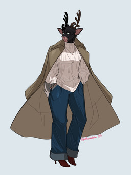 anthro antlers big_ears black_body black_fur black_hair boots bottomwear bracelet clothing denim denim_bottomwear denim_clothing ears_up female footwear fur green_eyes hair hand_in_pocket hands_in_both_pockets high_heeled_boots high_heels horn jacket jeans jewelry looking_aside necklace pants pockets shirt shoes solo tail topwear goddamnitrobin aima_tahtivyo_(lynxzy) deer mammal new_world_deer reindeer 2023 3:4 hi_res
