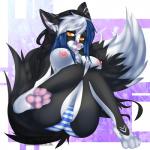 4_toes abstract_background anthro big_tail black_body black_fur black_hair blue_hair breasts chest_tuft clothed clothing feet female fur hair hindpaw looking_at_viewer multicolored_body multicolored_fur multicolored_hair nipples pawpads paws simple_background skimpy solo tail toes topless tuft two_tone_body two_tone_fur white_body white_fur white_hair strive canid canine fox mammal 1:1 hi_res