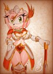 anthro armor big_breasts bikini breasts clothing female green_eyes hand_on_hip hand_on_weapon looking_at_viewer melee_weapon paladin swimwear two-piece_swimsuit unconvincing_armor weapon barely_sly sega sonic_the_hedgehog_(series) amy_rose eulipotyphlan hedgehog mammal 2023 hi_res signature