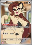 anthro big_breasts bikini breasts brown_hair clothing eyebrows eyelashes female fur hair hand_on_hip open_mouth open_smile red_eyes smile solo swimwear tan_body tan_fur text thick_thighs two-piece_swimsuit wide_hips i_am_kat95 nintendo pokemon generation_1_pokemon persian_(pokemon) pokemon_(species) 2024 english_text