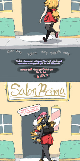 3_toes anthro before_and_after beret blonde_hair blue_eyes breast_expansion breasts closed_frown clothed clothed_anthro clothed_female clothed_human clothing color_coded_text dialogue expansion feet female fingers forced forced_transformation frown fully_clothed fully_clothed_anthro fully_clothed_female fully_clothed_human fur grey_body hair hat headgear headwear human_to_anthro legwear mouth_closed offscreen_character outside pokemon_transformation shadow solo_focus species_transformation speech_bubble thigh_highs toes transformation yellow_body yellow_fur chabble nintendo pokemon serena_(pokemon) canid canine canis domestic_dog furfrou generation_6_pokemon human mammal pokemon_(species) 2025 absurd_res digital_media_(artwork) hi_res shaded
